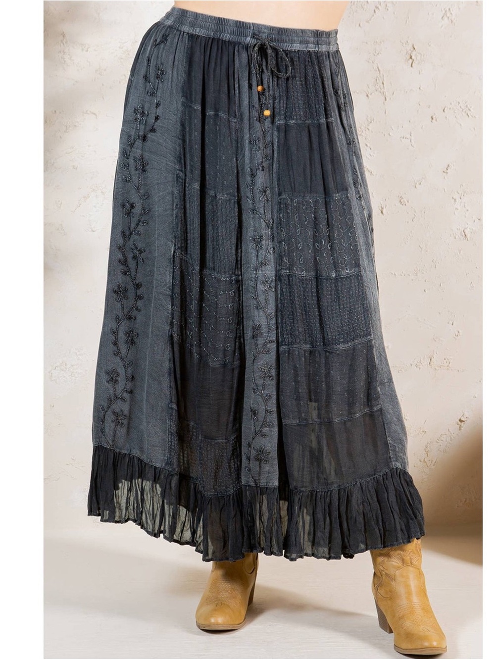 Young Threads Gypsy Textured Embroidered Skirt with Aari Embroidery Charcoal